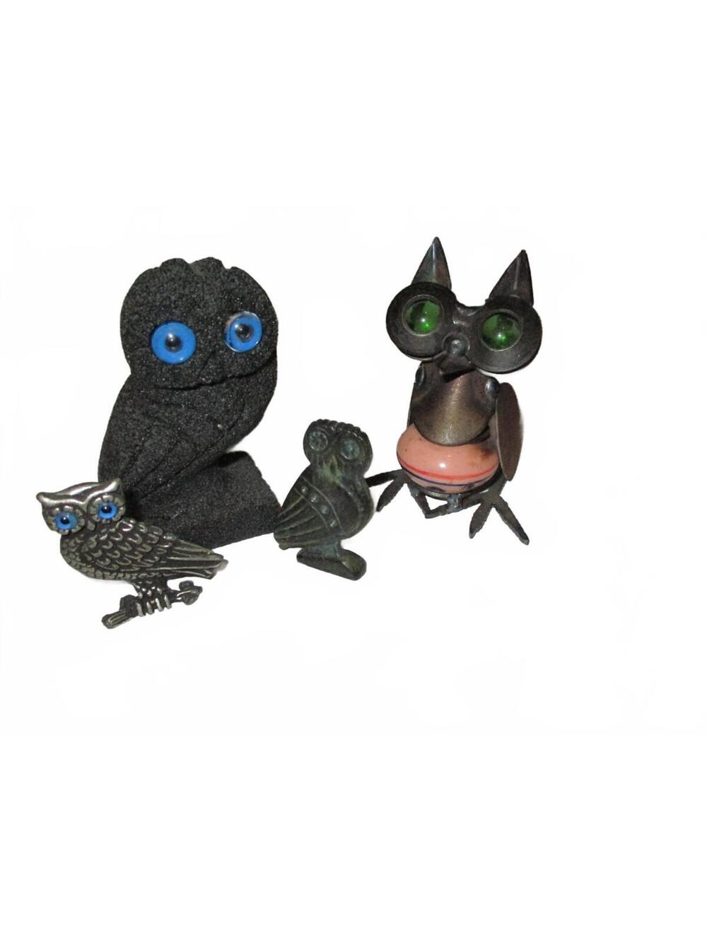 Vintage Santorini Volcanic Stone & Metal Owl Figurine Art Collectible Set